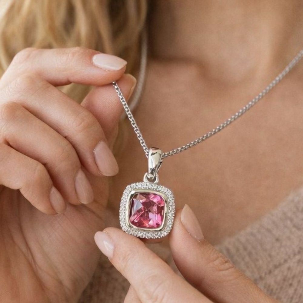 Signed Charles Krypell Morganite and Diamond Pendant on Sterling Silver Chain